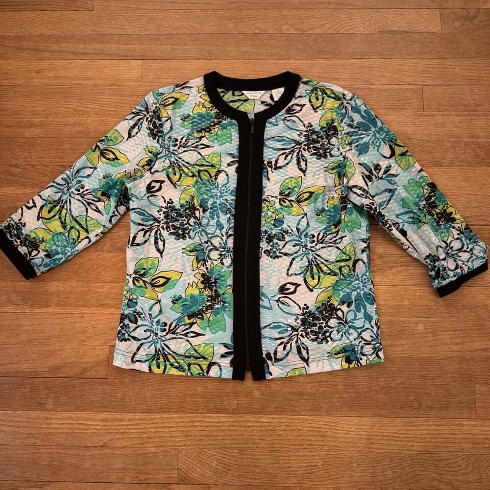 Laura Ashley yellow blue wet look front zip 3/4 sleeve jacket size MP
 b42